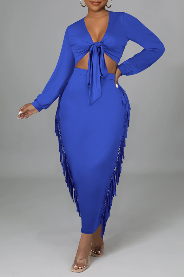 Blue Sexy Solid Tassel V Neck Long Sleeve Two Pieces