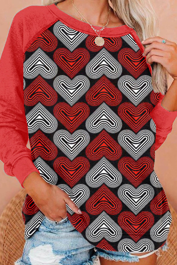 Red Casual Print Patchwork O Neck Tops