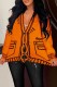 Orange Casual Patchwork Cardigan V Neck Outerwear