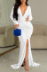 White Sexy Solid Patchwork Slit Fold V Neck Long Dress Dresses
