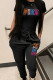Black Casual Print Patchwork O Neck Short Sleeve Two Pieces