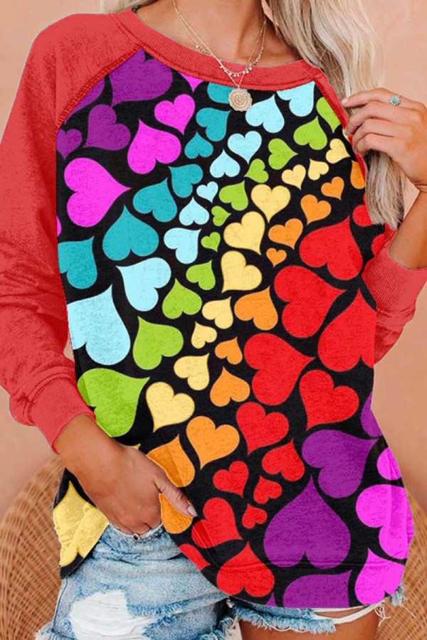 Colour Casual Print Patchwork O Neck Tops