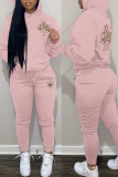 Pink Casual Print Patchwork Hooded Collar Long Sleeve Two Pieces