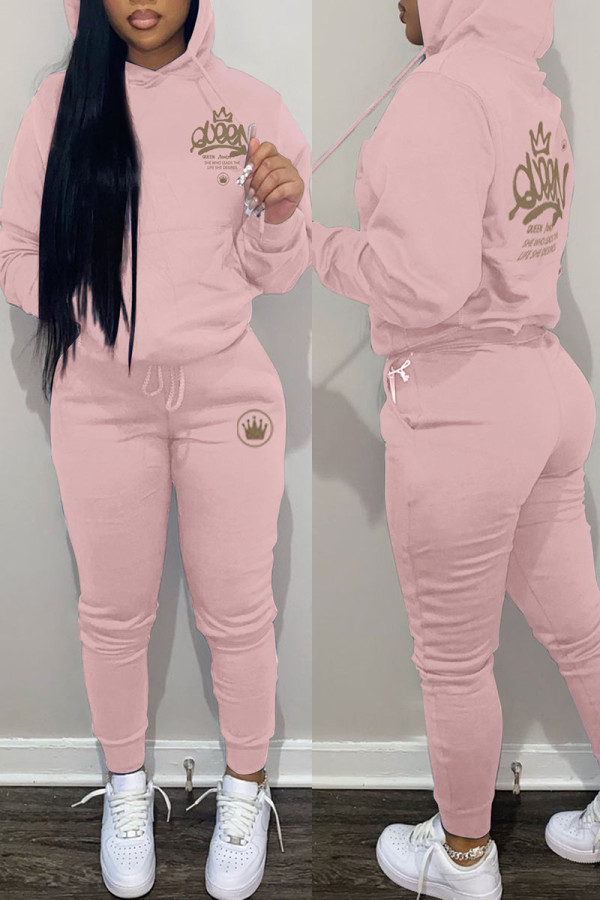 Pink Casual Print Patchwork Hooded Collar Long Sleeve Two Pieces