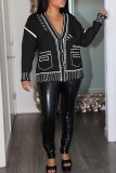 Rose Red Casual Patchwork Cardigan V Neck Outerwear