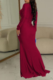 Red Sexy Solid Patchwork Slit Fold V Neck Long Dress Dresses