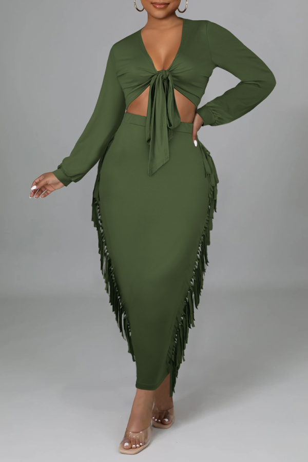 Army Green Sexy Solid Tassel V Neck Long Sleeve Two Pieces