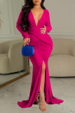Red Sexy Solid Patchwork Slit Fold V Neck Long Dress Dresses