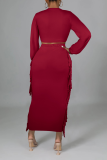 Red Sexy Solid Tassel V Neck Long Sleeve Two Pieces
