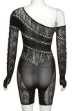 Green Sexy Solid Hollowed Out Patchwork Oblique Collar Skinny Rompers