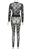 Black Sexy Solid Ripped See-through O Neck Long Sleeve Two Pieces
