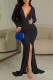 Black Sexy Solid Patchwork Slit Fold V Neck Long Dress Dresses
