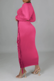 Red Sexy Solid Tassel V Neck Long Sleeve Two Pieces