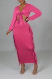 Red Sexy Solid Tassel V Neck Long Sleeve Two Pieces