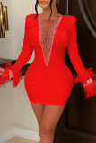 Red Sexy Solid Patchwork Feathers Hot Drill O Neck Pencil Skirt Dresses