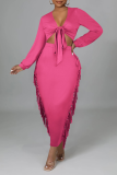 Red Sexy Solid Tassel V Neck Long Sleeve Two Pieces