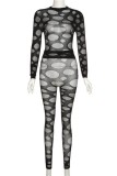 Black Sexy Solid Ripped See-through O Neck Long Sleeve Two Pieces