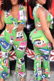 Green Sexy Casual Print Bandage V Neck Sleeveless Two Pieces