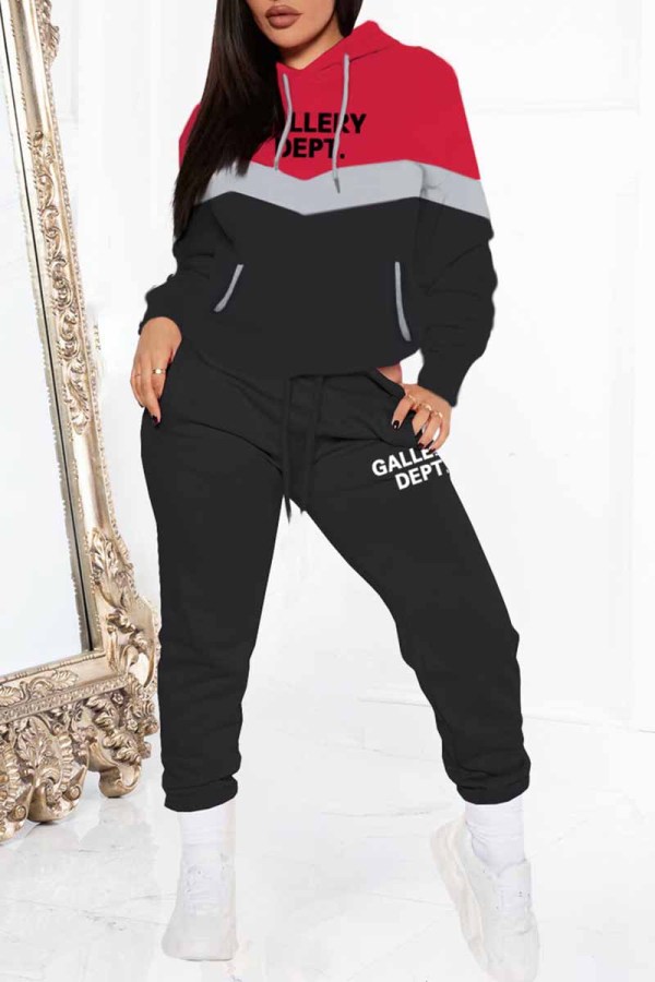 Red Casual Print Patchwork Letter Hooded Collar Long Sleeve Two Pieces