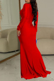 Red Sexy Solid Patchwork Slit Fold V Neck Long Dress Dresses