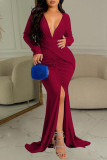 Red Sexy Solid Patchwork Slit Fold V Neck Long Dress Dresses
