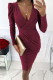 Burgundy Casual Solid Patchwork Fold Asymmetrical V Neck One Step Skirt Dresses