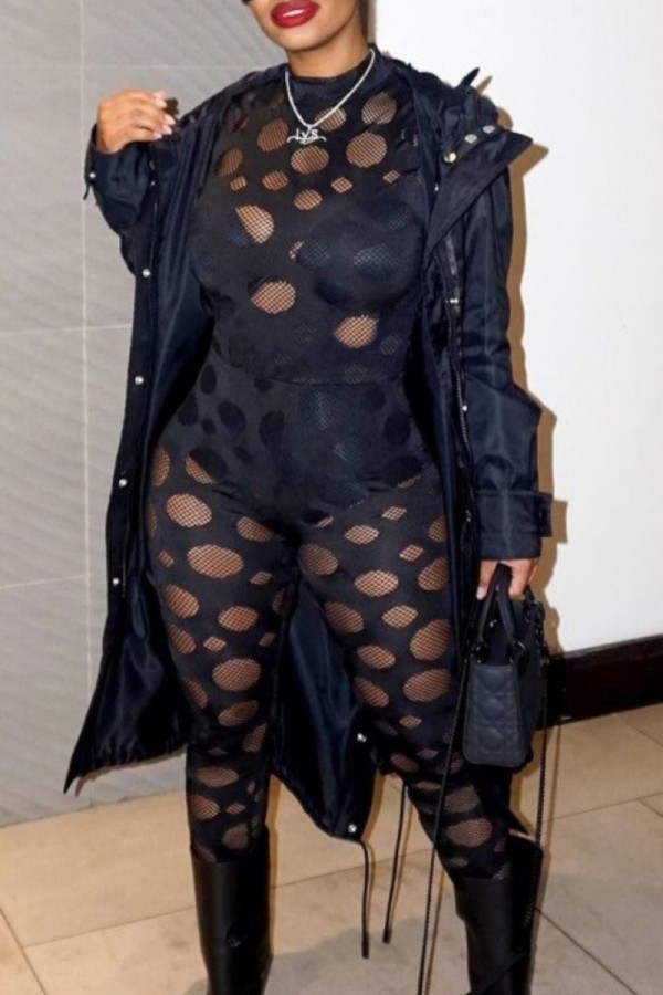 Black Sexy Solid Ripped See-through O Neck Long Sleeve Two Pieces
