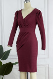 Gold Casual Solid Patchwork Fold Asymmetrical V Neck One Step Skirt Dresses