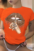 Orange Street Lips Printed Patchwork O Neck T-Shirts