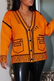 Rose Red Casual Patchwork Cardigan V Neck Outerwear