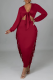 Burgundy Sexy Solid Tassel V Neck Long Sleeve Two Pieces