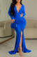 Blue Sexy Solid Patchwork Slit Fold V Neck Long Dress Dresses