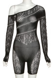 Green Sexy Solid Hollowed Out Patchwork Oblique Collar Skinny Rompers