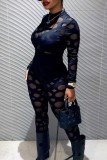 Black Sexy Solid Ripped See-through O Neck Long Sleeve Two Pieces