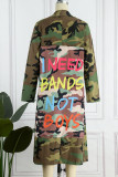 Army Green Casual Street Print Camouflage Print Patchwork Turn-back Collar Outerwear