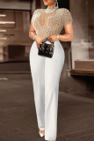 Black Sexy Elegant Solid Patchwork See-through Beading O Neck Regular Jumpsuits