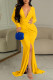 Yellow Sexy Solid Patchwork Slit Fold V Neck Long Dress Dresses