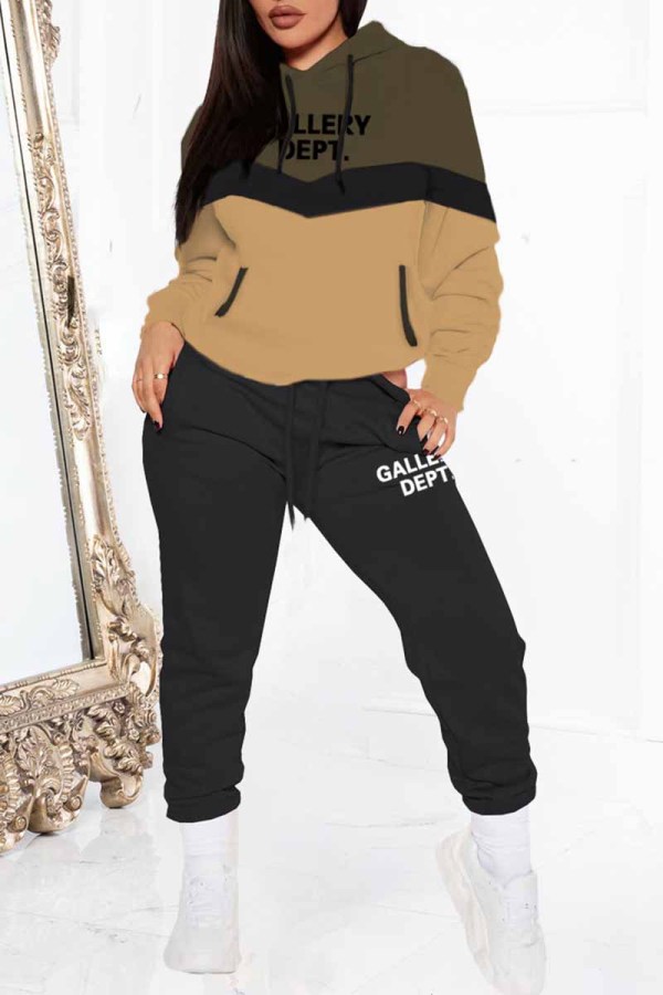 Ink Green Casual Print Patchwork Letter Hooded Collar Long Sleeve Two Pieces