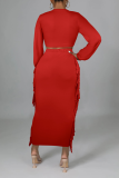 Red Sexy Solid Tassel V Neck Long Sleeve Two Pieces