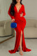 Red Sexy Solid Patchwork Slit Fold V Neck Long Dress Dresses