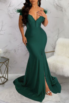 Ink Green Sexy Solid Patchwork Feathers V Neck Evening Dress Dresses