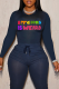 Navy Blue Street Print Letter O Neck Tops