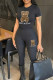 Black Street Print Patchwork O Neck Short Sleeve Two Pieces