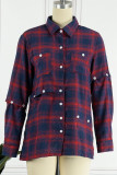 Red and blue Casual Blends Plaid Patchwork Print Patchwork Buckle Buttons Turndown Collar Tops