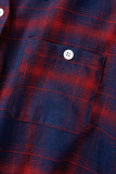 Red and blue Casual Blends Plaid Patchwork Print Patchwork Buckle Buttons Turndown Collar Tops