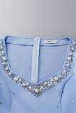 Sky Blue Elegant Solid Patchwork Flounce Slit Beading V Neck Evening Dress Dresses