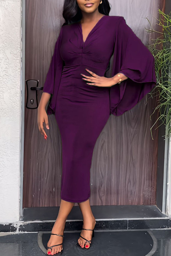 Purple Sexy Solid Patchwork V Neck One Step Skirt Dresses