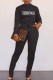 Black Casual Print Letter O Neck Long Sleeve Two Pieces