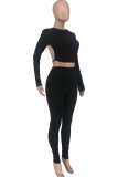 Black Sexy Casual Blends Pit Article Fabrics Solid Pierced Bandage Hollowed Out Backless O Neck Long Sleeve Regular Sleeve Short Two Pieces