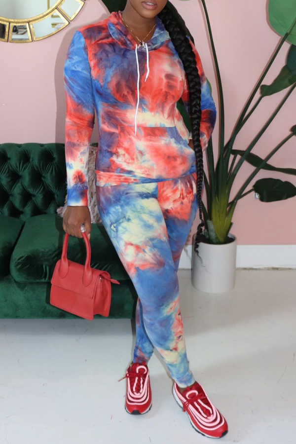 Rose Red Casual Patchwork Tie-dye Hooded Collar Long Sleeve Two Pieces